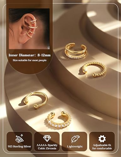 LOLIAS 925 Sterling Silver Ear Cuffs Non Piercing - 14K Gold Plated Ear Cuff Earrings for Women Adjustable Clip on Cartialge Earrings Non Pierced Fake Earring Stacks - color: 14K Gold-CZ Double Hoop