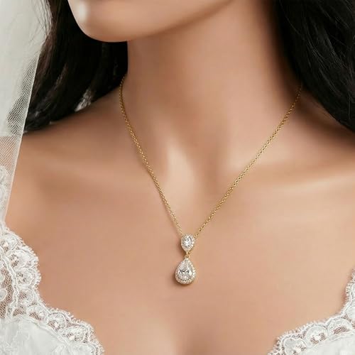 Mariell Cubic Zirconia Crystal Teardrop Bridal Wedding Pendant Necklace, Jewelry for Brides, Bridesmaids - color: Gold