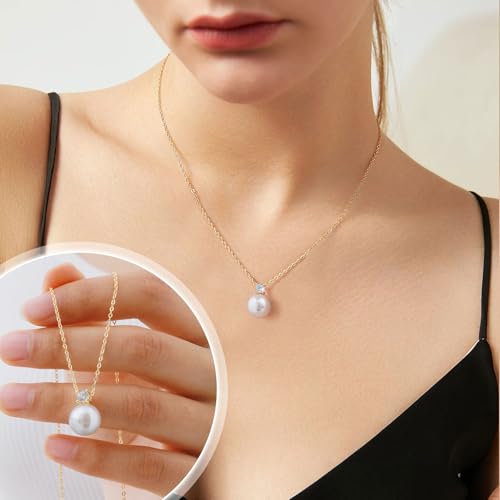 Pearl Necklace for Women 925 Sterling Silver Single Pearl Jewelry with Shell Pearl Pendant - Dainty Choker Necklace Suitable for Anniversary, Wedding, Birthday Gifts - color: CZ Gold
