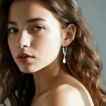 Natural Waterdrop Stone Drop Earrings,Gold Plated Real Genuine Teardrop Crystal Quartz Gemstone Pin Hoop Earrings Hooks Statement Dangle Dangling Earrings for Women Her - color: A04_White Agate