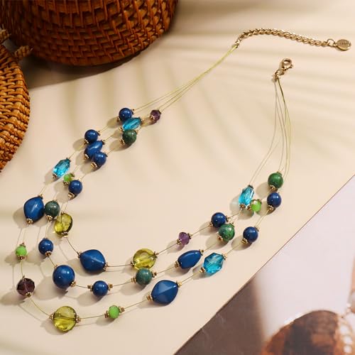 Coiris 3 Layers Illusion Wire Beaded Statement 19.5" Necklace for Women - color: N0005