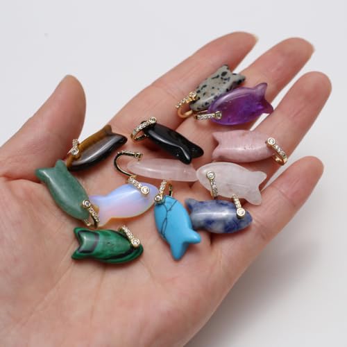 LE SKY Natural Stone Pendants Healing Crystal Gemstones with Rhinestone Charms for jewelry Making Necklace DIY Craft Gift - color: fish