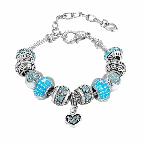 Pink Hearts Silver Plated Charm Bracelet, DIY Jewelry for Women with Beads, Charms, and Adjustable Snake Chain, Fits 7.5"+1.5" - color: Blue, size: 18cm