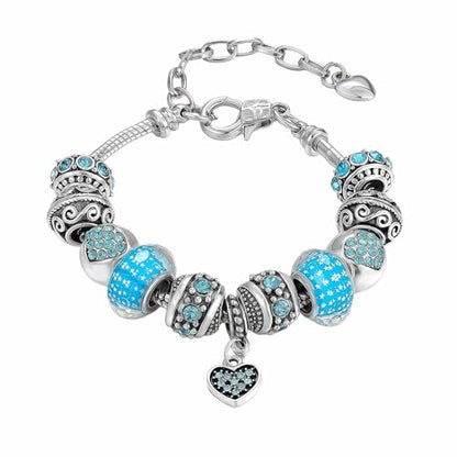 Pink Hearts Silver Plated Charm Bracelet, DIY Jewelry for Women with Beads, Charms, and Adjustable Snake Chain, Fits 7.5"+1.5" - color: Blue, size: 18cm