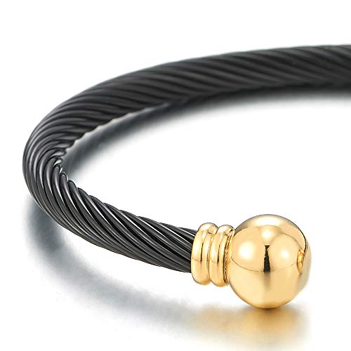 COOLSTEELANDBEYOND Elastic Adjustable Stainless Steel Cuff Bangle Bracelet for Mens Womens - color: C-Metal Color: Gold & Black