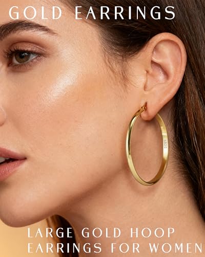 EXGOX 5mm Wide Gold Hoop Earrings for Women,Sterling Silver Hoop Earrings Large Silver Hoop Earrings Hypoallergenic Lightweight 14K Real Gold Plated Big Hoop Earrings for Women 30/40/50/60/70mm - color: 3MM-Gold Hoop-50mm