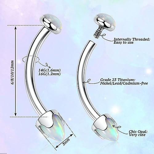 G23 Titanium Eyebrow Piercing Jewelry Eyebrow Rings Curved Barbell 16G Eyebrow Belly Button Ring Navel Rings Rook Daith Earrings Lip Ring Eyebrow Jewelry 6mm-12mm - color: 2PCS,Disc Shape +Cone Shape White Opal,Silver