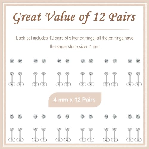 12 Pairs Stud Earrings Set, Hypoallergenic Surgical Stainless Steel 316L Earring for Women Men, Small Earring Studs Pack with Cubic Zirconia - color: Silver-4mm x 12 Pairs