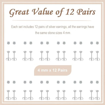 12 Pairs Stud Earrings Set, Hypoallergenic Surgical Stainless Steel 316L Earring for Women Men, Small Earring Studs Pack with Cubic Zirconia - color: Silver-4mm x 12 Pairs