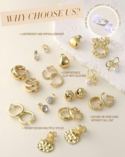 10/11/12 Pairs 16K Gold Plated Clip on Hoop Stud Earrings Set for Women | Non Pierced Earring Set with Chunky Pearl, Twisted CZ Studs and Cute Dainty Dangles, Comfortable Aesthetic Daily Earrings