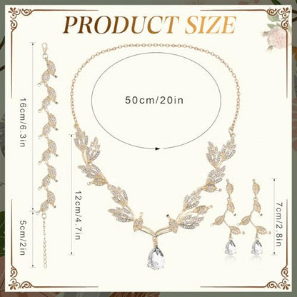 Wedding Jewelry Set for Women, Rhinestone Leaf Tiara Headband Crown Necklace Earrings Bracelet for Women - color: Rose Gold