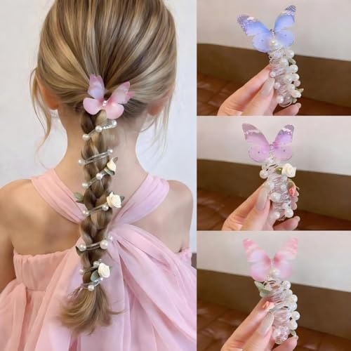 3 Pack Butterfly Spiral Hair Ties, Faux Pearl Coil Ponytail Holders for Girls Kids Hair Accessories