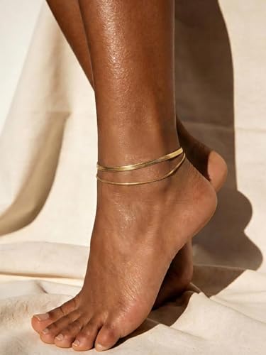 U7 Silver/Gold/Black Ankle Bracelets for Women Layered Chain Anklets | Stainless Steel Anklets Waterproof Summer Beach Anklet Charm, Adjustable 8.5"-10.5",Layered Anklet Fashion - color: Gold - Flat Snake Chain+Snake Chain