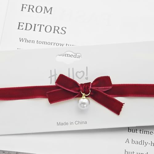 Bow Necklace for Women Red Bow Choker Black Ribbon Necklace Pearl Velvet Lace Necklaces Cute BowKnot Necklaces for Christmas Gifts - color: red C