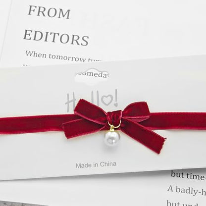 Bow Necklace for Women Red Bow Choker Black Ribbon Necklace Pearl Velvet Lace Necklaces Cute BowKnot Necklaces for Christmas Gifts - color: red C