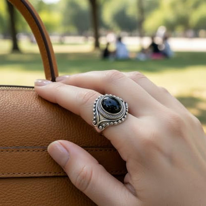 Retro Eye Shape Punk Ring, Jade Agate Natural Gemstone, S925 Sterling Silver, Wide Band, Cocktail Party Bohemian Jewelry for Women - color: Ring_B