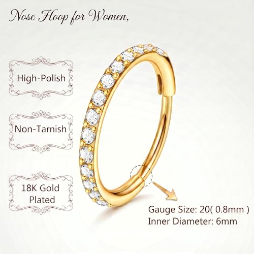 Staligue Nose Hoop ring - 316L Surgical Steel Nose Ring 16/18/20G Hinged Diamond Nose Ring Hoop Septum Clicker Rings Cartilage Earring Helix Rook Tragus Daith Piercing Jewelry for Women 6MM/8MM/10MM/12MM - color: Gold, size: 20G-6MM