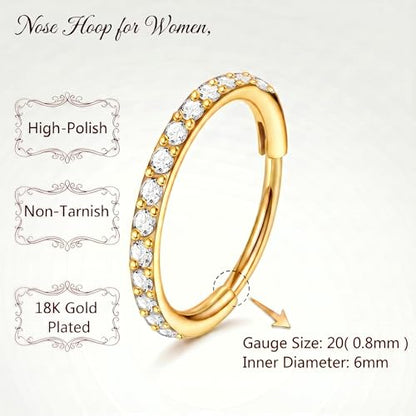 Staligue Nose Hoop ring - 316L Surgical Steel Nose Ring 16/18/20G Hinged Diamond Nose Ring Hoop Septum Clicker Rings Cartilage Earring Helix Rook Tragus Daith Piercing Jewelry for Women 6MM/8MM/10MM/12MM - color: Gold, size: 20G-6MM