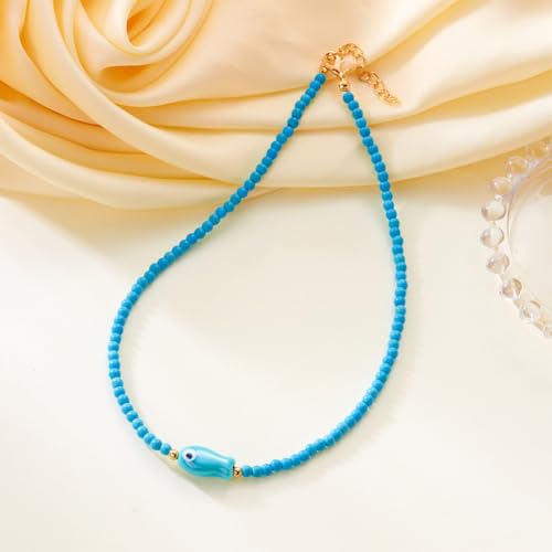 Seed Bead Choker Necklace for Women Bohemian Tiny Beads Choker Colorful Rice Bead Starfish Choker Summer Surfer Beach Necklace Jewelry Gift - color: B-Blue Fish