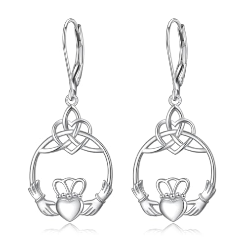S925 Sterling Silver Celtic Knot Earrings for Women Irish Good Luck Drop Dangle Hook Earrings - style: Dangle Leverback - Heart Celtic Claddagh