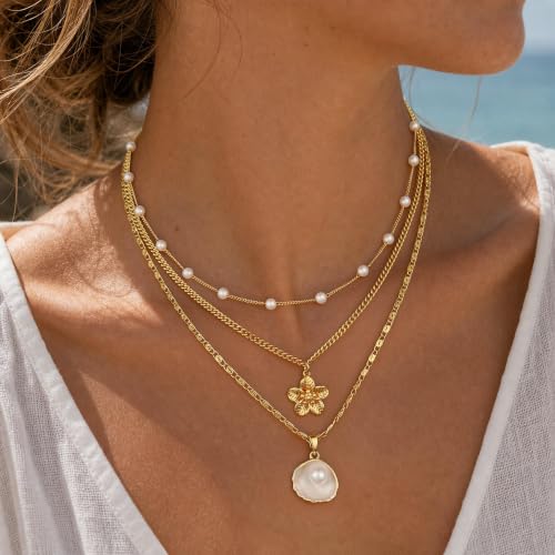 Hothty Layered Shell Starfish Necklaces for Women,Dainty Waterproof Boho Charm Pendant Necklace Seashell Pearl Beach Necklaces Set Jewelry Gifts - color: shell necklace-1010