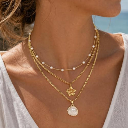 Hothty Layered Shell Starfish Necklaces for Women,Dainty Waterproof Boho Charm Pendant Necklace Seashell Pearl Beach Necklaces Set Jewelry Gifts - color: shell necklace-1010