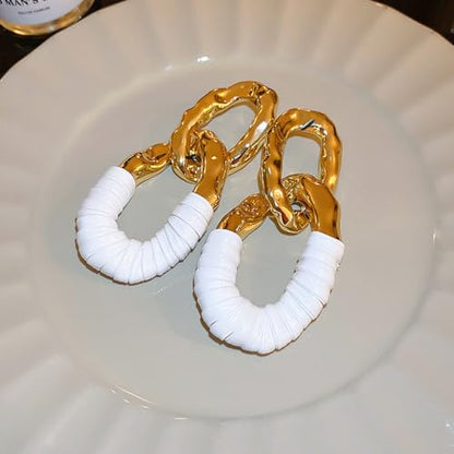 Chunky Gold Acrylic Chain Statement Earrings for Women,Exaggerated Thick Chain Artificial Leather Wrap Dangle Earrings Trendy Geometric Ear Jewelry - color: White
