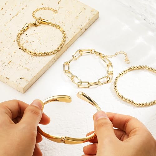M MOOHAM Chunky Gold Bangle Bracelets for Women, Dainty 14k Gold-Plated Thicker Statement Bangles Twist Cuff Bracelet Set Stack for Women Non Tarnish Trendy Jewelry Gifts - color: 03. Chain Bracelets&Bangle-4PCS