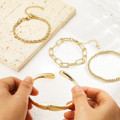 M MOOHAM Chunky Gold Bangle Bracelets for Women, Dainty 14k Gold-Plated Thicker Statement Bangles Twist Cuff Bracelet Set Stack for Women Non Tarnish Trendy Jewelry Gifts - color: 03. Chain Bracelets&Bangle-4PCS