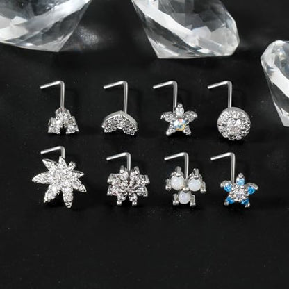 35-70 PCS 18G 20G Nose Rings for Women & Men - Gold Hoops, L Shape, Studs & Screw - 316L Surgical Stainless Steel - color: Silver-Clear CZ-20G-12pcs