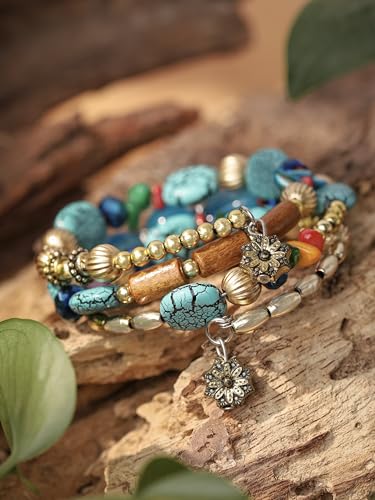 MINACHI Summer Boho Retro Style Multilayer Wrap Irregular Beads with Golden Flower Charm Bracelets, Blue Tone, Ethnic Jewelry for Women - style: Bracelet R17-015