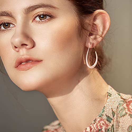 Lightweight Teardrop Hoop Earrings for Women - 14k Gold/White Gold Plated Large Oval Pull Through Hoop Earrings High Polished Statement Jewelry Gift for Women - color: rose gold 30*18