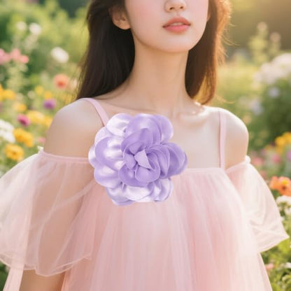 Large Rose Flower Brooches Chiffon Camellia Brooch Lapel Pins Hair Clips Hat Pins for Women Wedding Banquet Accessories Large Satin Flowers 5.5in - color: Purple