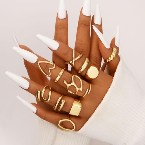 FAXHION 12PCS Gold Stackable Rings Set for Women, 18K Gold Plated Open Stacking Knuckle Ring, Adjustable Chunky Signet Band Statement Ring for Gift - color: 1-Gold-12pcs