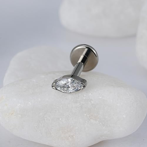 1PC Tragus Conch Helix Flat Labret Piercing Jewelry 16G 6mm 8mm - ASTM F136 Titanium Cartilage Earring Flatback Stud, Implant Grade Internally Threaded Hypoallergenic Body Jewelry (Clear CZ) - color: Clear Marquise CZ - Tit