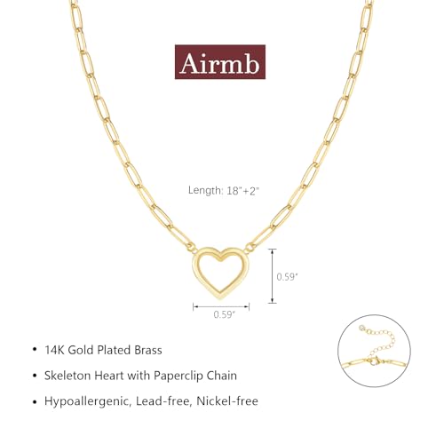Airmb Heart Necklace for Women Gold/Silver Plated Trendy Heart Choker Lover Pendant Hypoallergenic Fashion Gold/Silver Necklace for Women Love Jewelry Gift for Women Girlfriend - color: Paperclip Open Heart-Gold