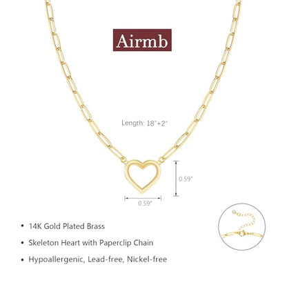 Airmb Heart Necklace for Women Gold/Silver Plated Trendy Heart Choker Lover Pendant Hypoallergenic Fashion Gold/Silver Necklace for Women Love Jewelry Gift for Women Girlfriend - color: Paperclip Open Heart-Gold