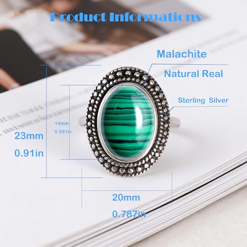 Retro Sterling Silver Stone Ring,Antique Natural Real Oval Crystal Quartz Gemstone Boho Bohemian Ring Jewelry for Women - color: A20_Malachite