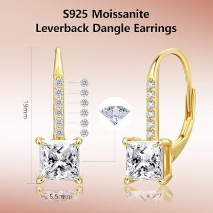 KRKC Moissanite Earrings, 1.0ct-2.0ct D Color Lab Created Diamond Earring, 14k White Gold Plated Sterling Silver Dangle Earrings S925 Leverback Drop Earring for Women Hypoallergenic Jewelry for Gifts - color: Princess-Gold-5.5mm