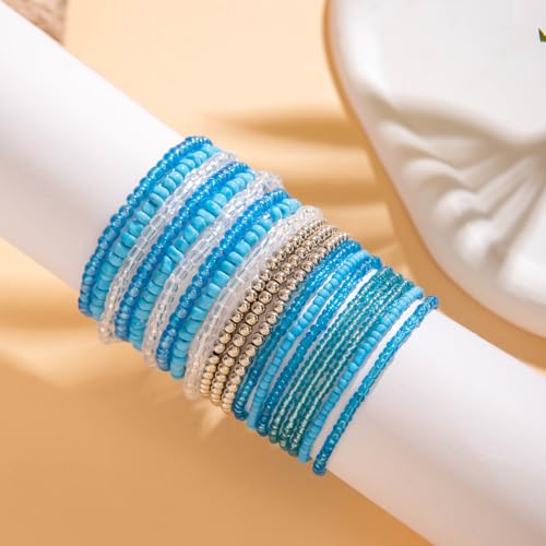 8-20Pcs Colorful Bohemia Seed Beaded Bracelets Handmade Adjustable Stackable Rainbow Beads Stretch Bracelets Anklet Multilayer Vacation Elastic Bangle for Women Summer Beach Boho Jewelry Gift - style: 20pcsA