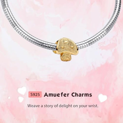 S925 Bead Pendant Charms for Bracelets Necklaces, Compatible with Pandora, Jewelry Making DIY - style: 14K Gold Lated Textured Mashroom Charm