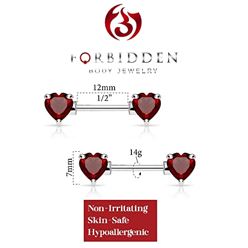 Forbidden Body Jewelry Pair of Surgical Steel 1/2-5/8 Inch (12-16mm) Cubic Zirconia Crystal Double Heart Nipple Barbells - style: Red
