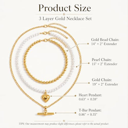 Layered Necklaces for Women Pearl Necklace Stack Gold T Bar Necklace Set Dainty Heart Pendant Jewelry Trendy 2026 Fashion Accessories Gifts - color: A3:3pcs-gold