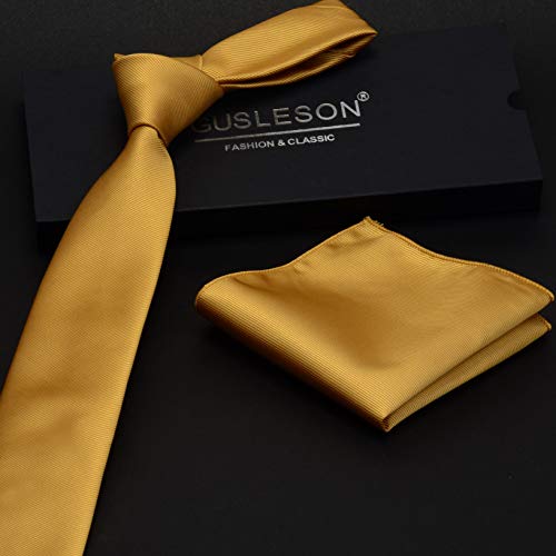 GUSLESON 2.4" Slim Necktie and Handkerchief Set For Men Solid Skinny Tie Set - color: Goldenrod