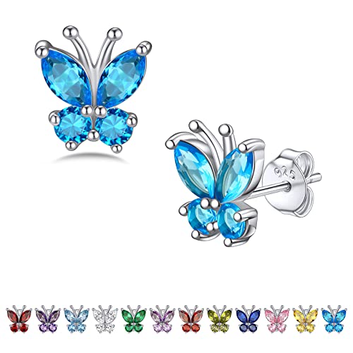 Bestyle Gold Butterfly Earrings for Women, Dainty Cute Birthstone Studs Hypoallergenic Jewelry, Great Birthday Gift - style: 12.December (Blue Topaz)-STUD