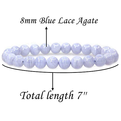 Angelstones Gemstones 8mm Round Beads Healing Crystal Bracelet for women | Natural Gemstone, Handmade Gifts for Women, Healing Crystal Round Beaded Stretch Bracelets, Unisex Jewelry for Women and Men - color: Blue Lace Agate