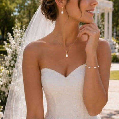 3Pcs Women's Gold Pearl Jewelry Set – 14K Gold-Plated Necklace Earrings And Bracelet Combo Includes An Exquisite Pearl Pendant Necklace Pearl Drop Earrings And An Adjustable Bracelet Perfect For Weddings Or As A Jewelry Gift For Her