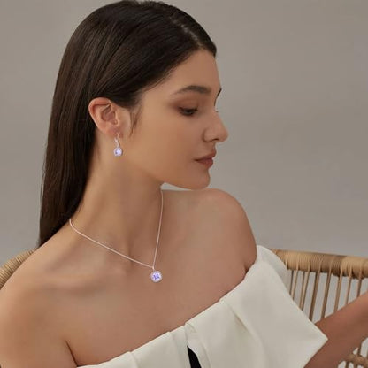 Birthstone Necklace for Women 925 Sterling Silver Princess Cut Halo Necklace Pendant Jewelry for Mom Wife - color: Lavender