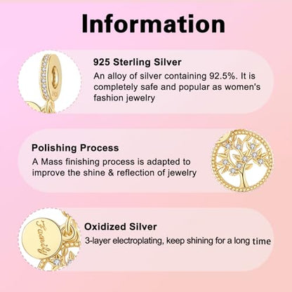 925 Sterling Silver Charms fits Bracelets and Necklace Pendant Bead Charms Jewelry Gift for Women Family Friends - style: Gold Fmaily Tree Charm
