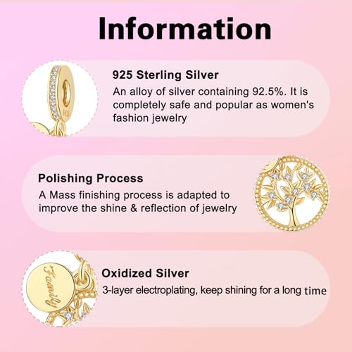 925 Sterling Silver Charms fits Bracelets and Necklace Pendant Bead Charms Jewelry Gift for Women Family Friends - style: Gold Fmaily Tree Charm